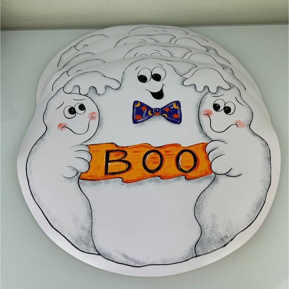 Halloween Ghost Trio BOO Set of 4 Vinyl Circle Placemats Happy Cute Bow Tie - Picture 4 of 13